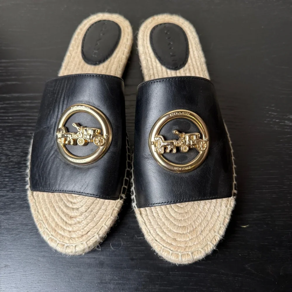 Coach Camille Espadrille Jute Slide Sandals Black Leather Gold Horse Carriage 9B
